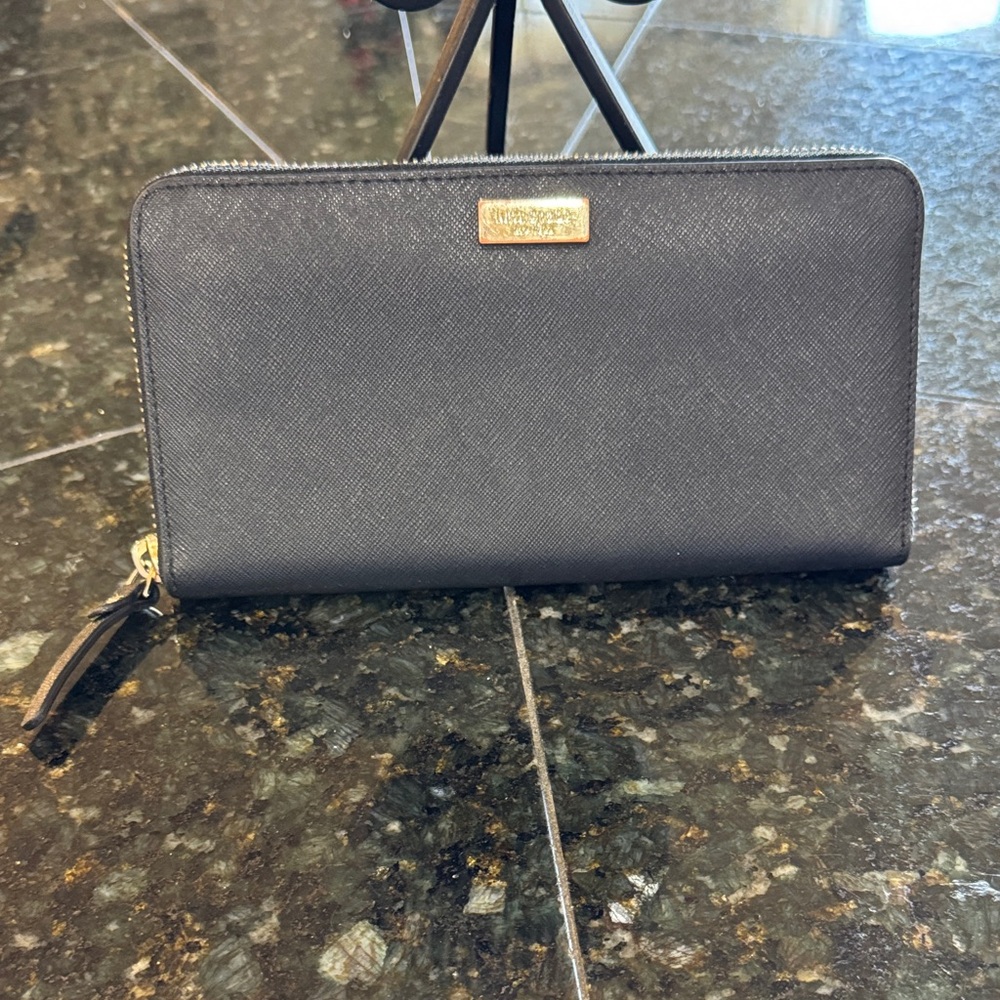 Kate Spade Black Saffiano Leather Zip Arounf Wallet with Gold Logo
